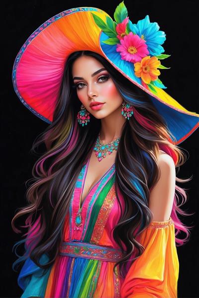 پوستر دیواری چهره زن فانتزی با کلاه رنگارنگ و گل‌دار مناسب برای دکوراسیون سالن زیبایی و اتاق خواب مدرن