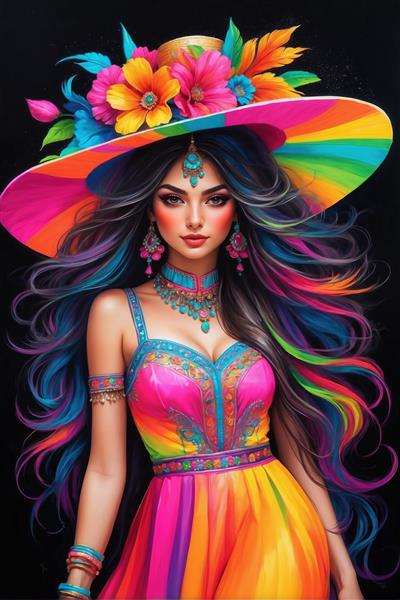 طرح فانتزی زن با جواهرات هندی و کلاه رنگین‌کمانی مناسب پوستر دیواری و بنرهای تبلیغاتی مزون لوکس