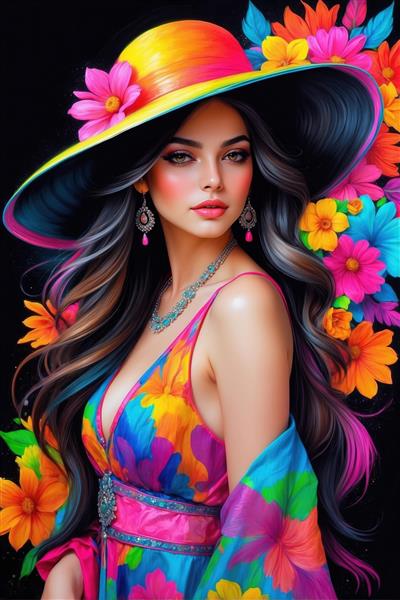 تصویر باکیفیت زن با لباس گل‌دار و کلاه بزرگ آفتابی برای چاپ بر روی روتختی، پرده و پوستر دیواری ویلا