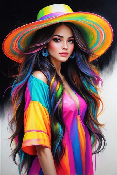 طرح مدرن زن با کلاه آبرنگی و رنگ‌های شاد انتزاعی مخصوص دیوارپوش و کاغذ دیواری سه بعدی لابی هتل