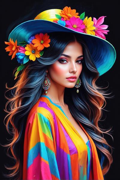 نقاشی دیجیتال زن با کلاه آبی و گل‌های نارنجی مناسب برای پوستر دیواری پذیرایی و قاب عکس دکوراتیو