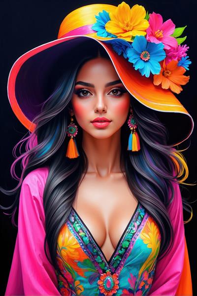 پوستر دیواری چهره زن با استایل شیک و کلاه لبه‌دار گل‌گلی برای دکوراسیون سالن‌های زیبایی و مزون‌های لباس