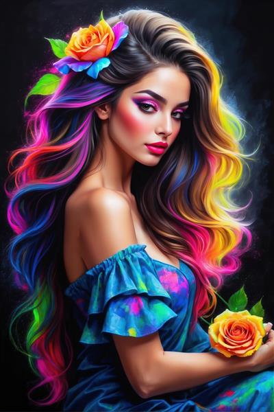 تصویر هنری زن با موهای کهکشانی و رز زرد ویژه چاپ روی بوم، کوسن و پرده‌های تصویری فانتزی در اتاق خواب