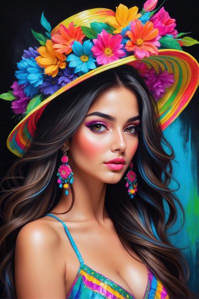 طرح دختر زیبا با کلاه حصیری تزیین شده با گل‌های بهاری برای تابلو دکوراتیو و پوستر دیواری سه بعدی اتاق دخترانه