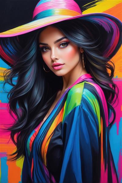 چهره زن فانتزی با کلاه رنگارنگ هنری مناسب چاپ پوستر دیواری مدرن در سالن‌های آرایش و اتاق خواب مستر