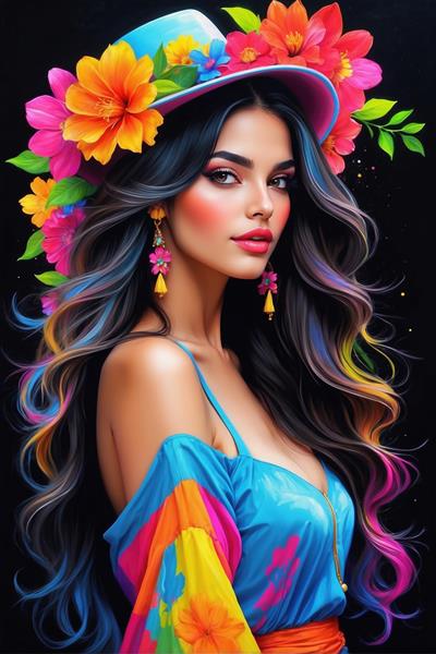 پوستر دیواری زن با کلاه فانتزی و لباس آبی روشن گل‌دار ایده آل برای اتاق خواب دخترانه و سالن‌های زیبایی