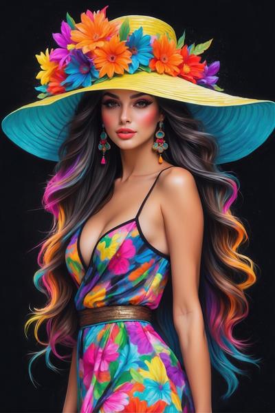 تصویر عمودی زن با کلاه آفتابی پر از گل و موهای حالت‌دار رنگی مناسب برای چاپ پرده و تابلو شاسی