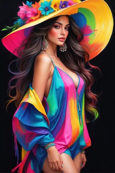 پوستر دیواری پانوراما زن با کلاه رنگی بزرگ و استایل ساحلی شیک برای هتل‌های ساحلی و دکوراسیون ویلا