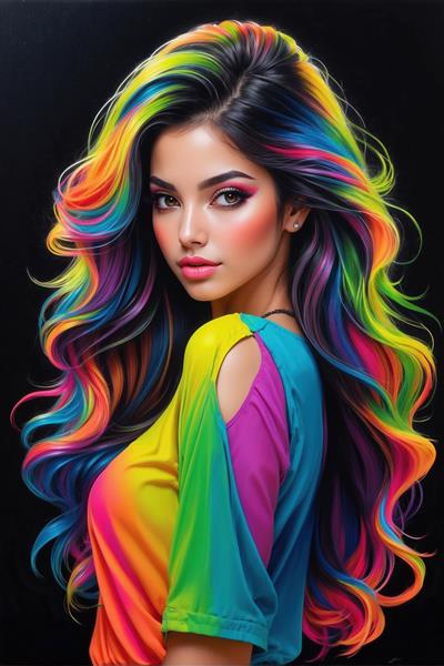 نقاشی دیجیتال زن با موهای موج‌دار رنگین‌کمانی و لباس شاد تابستانه ویژه چاپ پوستر دیواری و روتختی بزرگسال