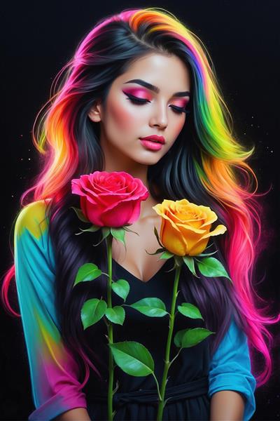 عکس باکیفیت زن با دو شاخه گل رز طبیعی در دست و موهای رنگی برای تابلوهای دکوراتیو و کاغذ دیواری سالن انتظار