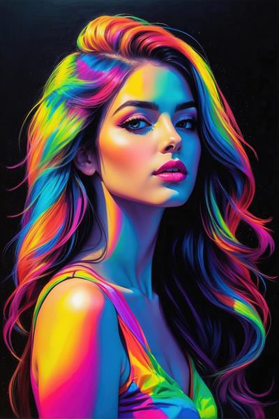 پوستر دیواری مدرن زن با نورپردازی رنگی نئون روی چهره ایده آل برای دکوراسیون کافه، گیم‌نت و فضاهای هنری