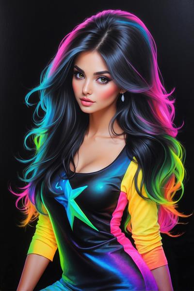 طرح گرافیکی زن با تیشرت ستاره‌دار و موهای نئونی ویژه چاپ روی دفترچه، تیشرت و پوستر دیواری اتاق خواب کودک و نوجوان