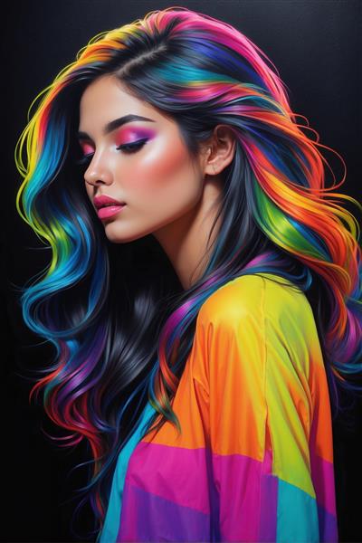 تصویر پروفایل زن با موهای افشان رنگین‌کمانی خیره‌کننده مناسب برای پوستر دیواری سالن‌های زیبایی لوکس و اتاق آرایش