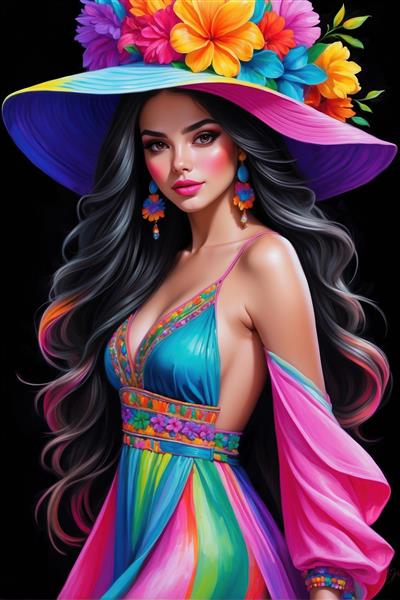 پوستر سه بعدی زن با کلاه لبه‌دار گل‌دار و لباس ساحلی رنگی برای تزئین دیوار استخر، جکوزی و سالن‌های ورزشی بانوان