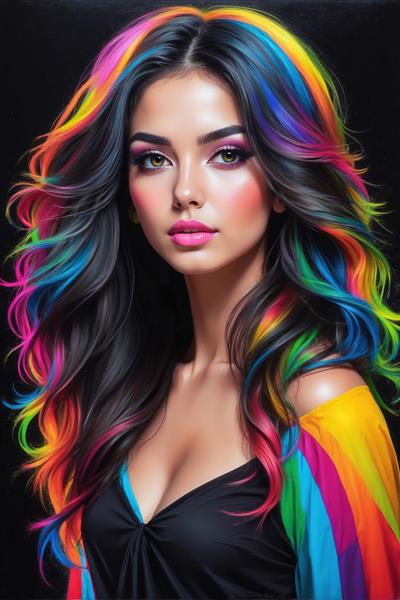 تصویر زن با موهای فر رنگارنگ و لباس مشکی شیک مناسب برای چاپ پوستر قدی و تابلوهای دکوراتیو مدرن