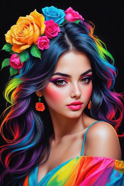 پوستر دیواری چهره زن با تاج گل رز رنگی و آرایش غلیظ فانتزی مخصوص دکوراسیون سالن پذیرایی و اتاق خواب عروس