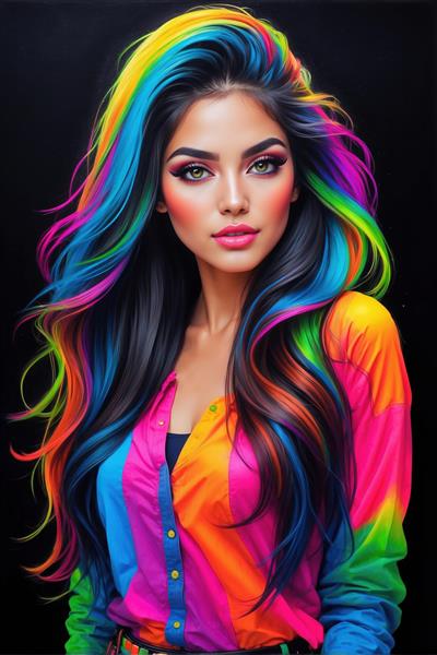 طرح شاد زن با موهای هایلایت رنگین‌کمانی و پیراهن راه راه برای پوستر دیواری مزون، آرایشگاه و اتاق دخترانه