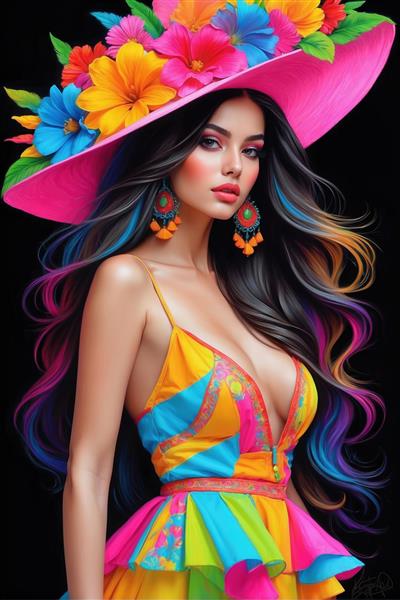 پوستر دیواری چهره زن با کلاه حصیری گل‌گلی و لباس رنگارنگ شاد مناسب برای تزئین دیوار سالن‌های زیبایی و اتاق خواب