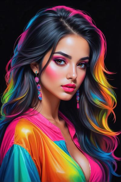 تصویر چهره زن با میکاپ حرفه‌ای و موهای موج‌دار رنگین‌کمانی برای پوستر دیواری آرایشگاه زنانه و تابلوهای دکوراتیو مزون لوکس