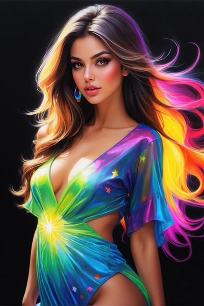 پوستر دیواری زن با لباس ستاره‌دار درخشان و موهای افشان رنگی برای دکوراسیون پشت تخت خواب، تالارهای عکاسی و فضای مدرن