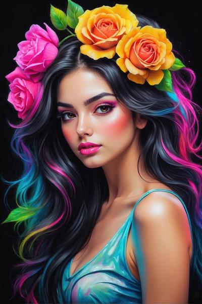 طرح گرافیکی زن با رزهای صورتی و زرد روی موها و لباس فیروزه‌ای برای چاپ روی کوسن، تابلو شاسی و دیوار اتاق خواب دخترانه