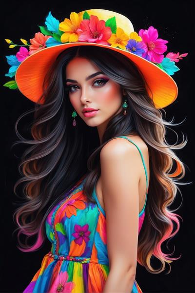 پوستر دیواری عمودی زن با کلاه بزرگ گل‌دار و لباس تابستانی شاد مناسب برای تزیین دیوار ویلا، اتاق مهمان و تالارهای پذیرایی