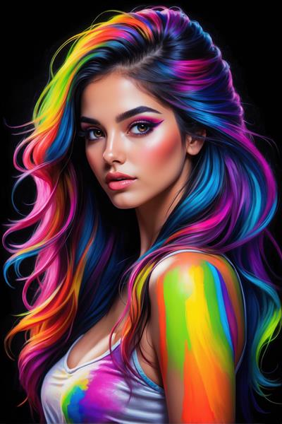 طرح زن با تتوهای رنگی روی شانه و موهای فانتزی درخشان ویژه پوستر دیواری سالن‌های ورزشی بانوان، استودیوهای هنری و کافه