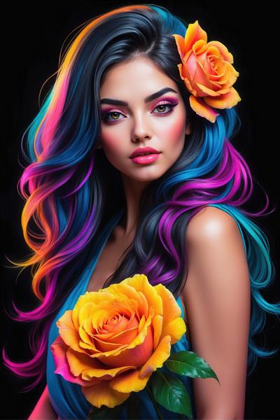 پوستر دیواری زن با رزهای نارنجی و زرد درشت و موهای رنگی برای تزیین سالن‌های زیبایی، اتاق خواب مستر و پشت کاناپه نشیمن