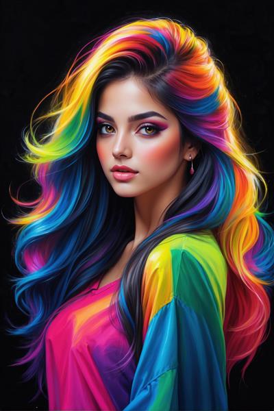 تصویر گرافیکی زن با موهای بلند رنگین‌کمانی و لباس نئونی شاد مناسب برای چاپ روی پرده تصویری، روتختی و دکوراسیون اتاق گیمینگ