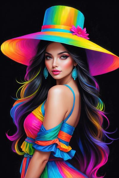 طرح زن با لباس و کلاه رنگین‌کمانی فانتزی و گوشواره‌های فیروزه‌ای برای چاپ روی ماگ، تیشرت و پوستر دیواری اتاق دخترانه