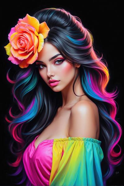 طرح گرافیکی باکیفیت زن با گل رز بزرگ روی موها و لباس آف‌شولدر رنگارنگ برای چاپ پوستر دیواری، کوسن و پرده‌های تصویری