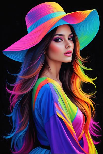 پوستر دیواری مدرن زن با کلاه لبه‌دار رنگین‌کمانی و استایل فانتزی شاد برای اتاق خواب جوان، مزون‌های لباس و دکوراسیون داخلی ویلا