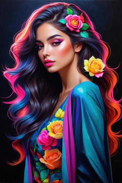 تصویر هنری زن با لباس فیروزه‌ای و موهای موج‌دار رنگی تزیین شده با گل‌های طبیعی برای دیوار لابی هتل، اتاق نشیمن و چاپ پارچه روتختی