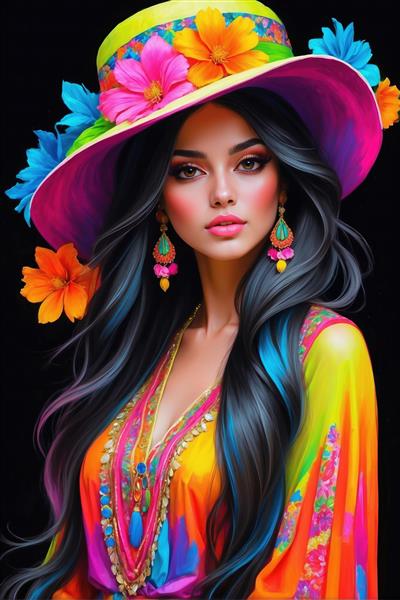 پوستر دیواری زن زیبا با کلاه حصیری گل‌دار و لباس رنگارنگ شاد مناسب برای تزیین دیوار سالن آرایشگاه زنانه، اتاق خواب مستر و قاب دکوراتیو لوکس