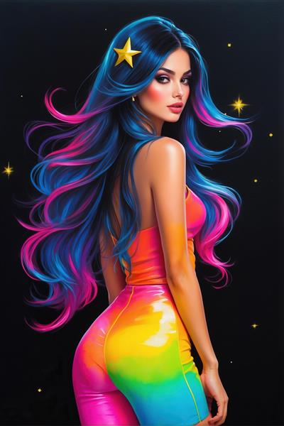 تصویر گرافیکی زن با ستاره طلایی در موها و لباس نئونی مناسب برای پوستر دیواری پشت میز پذیرش