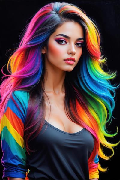 طرح مدرن دختر با موهای چندرنگ و تیشرت مشکی ویژه پوستر دیواری اتاق نوجوان و گیم‌نت