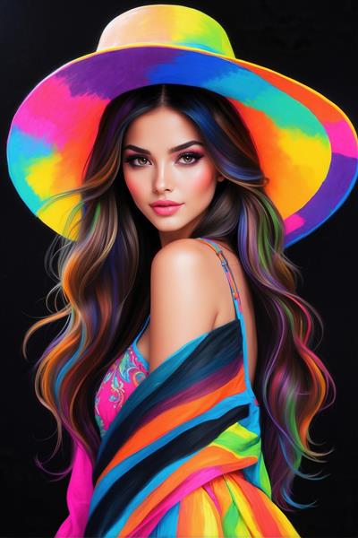 تصویر زن با کلاه لبه‌پهن و شنل چندرنگ ایده آل برای پوستر دیواری راهرو و ورودی هتل‌های لوکس