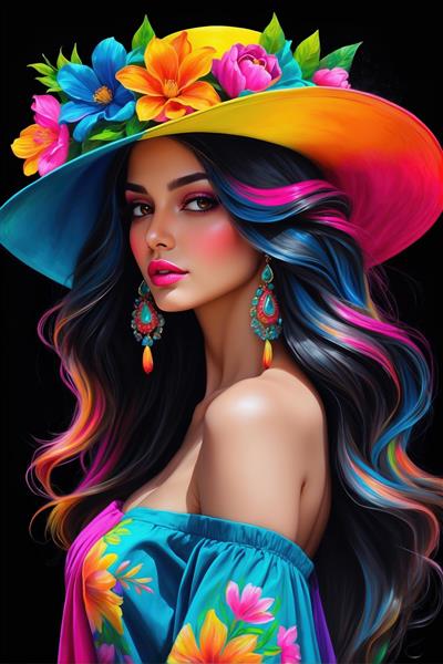 طرح گرافیکی زن با لباس دکلته گلدار و گوشواره‌های بزرگ برای تابلو بوم آتلیه و دکوراسیون بوتیک