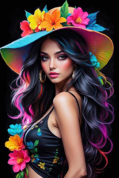 پرتره زن با کلاه حصیری تزیین شده با گل‌های استوایی مناسب پوستر دیواری سه بعدی اتاق مستر و ویلا