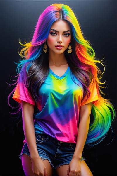 عکس فانتزی دختر با تیشرت رنگین‌کمانی و شورت جین ویژه چاپ روی دفترچه، ماگ و تیشرت تبلیغاتی