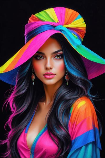 طرح هنری زن با کلاه بزرگ گره‌دار رنگی مناسب برای پوستر دیواری عمودی و قاب دکوراتیو پذیرایی