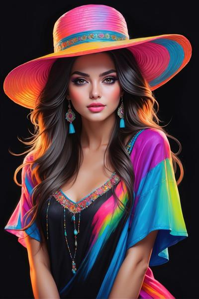 تصویر زن با کلاه صورتی و گوشواره های آویز فیروزه ای مناسب برای روتختی بزرگسال و کوسن های فانتزی