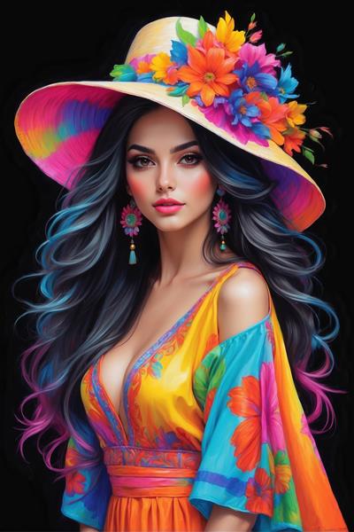 پرتره زن با کلاه گلدار و لباس نارنجی شیک ایده آل برای پوستر دیواری لابی هتل و ویلاهای ساحلی