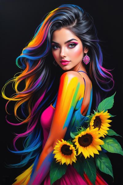 طرح فانتزی دختر با گل های آفتابگردان و موهای رنگی مناسب برای چاپ کاغذ دیواری سه بعدی و کتابچه های فانتزی