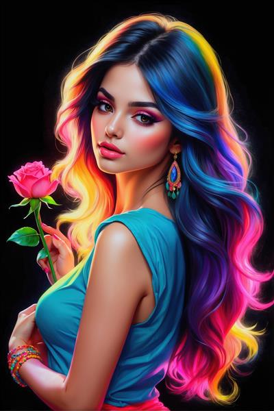 تصویر گرافیکی زن با گل رز صورتی و موهای هایلایت شده ویژه تابلو دکوراتیو اتاق نشیمن و دفتر کار مدرن