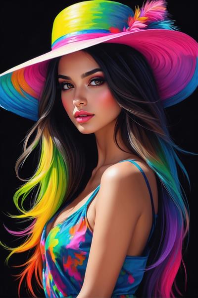 پرتره جذاب دختر با تم رنگین کمانی و کلاه تابستانی برای دیوارپوش و پرده تصویری اتاق خواب دخترانه