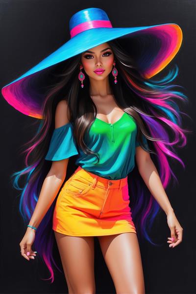 عکس گرافیکی زن با کلاه آبی لبه پهن و دامن نارنجی ایده آل برای پوستر دیواری آتلیه عکاسی و اتاق جوان