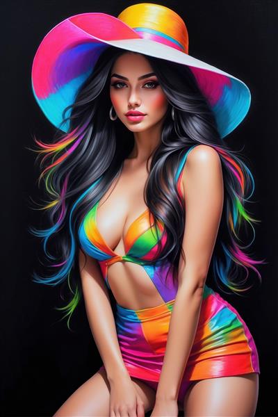 طرح فانتزی دختر با لباس هفت رنگ و کلاه بزرگ ویژه تولید پوستر سه بعدی و تابلو شاسی مدرن برای مزون