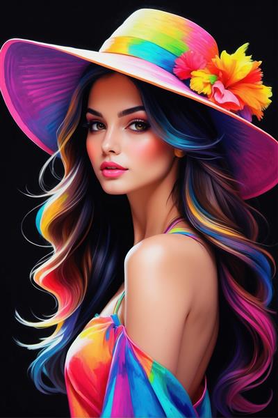 تصویر هنری زن با کلاه رنگارنگ و موهای مواج مناسب چاپ پوستر دیواری اتاق خواب و تابلو دکوراتیو سالن زیبایی