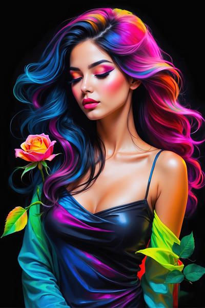 تصویر رمانتیک زن چشمان بسته با لباس چرم و رز صورتی مناسب پوستر دیواری اتاق نشیمن و کافه گالری